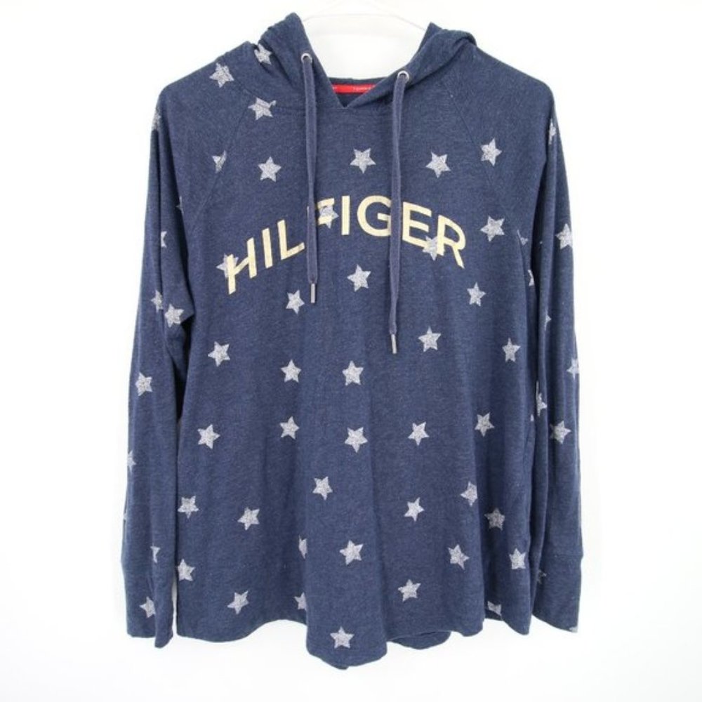 Tommy Hilfiger Blue Star Pattern Pullover Hoodie Gold Accent Size L